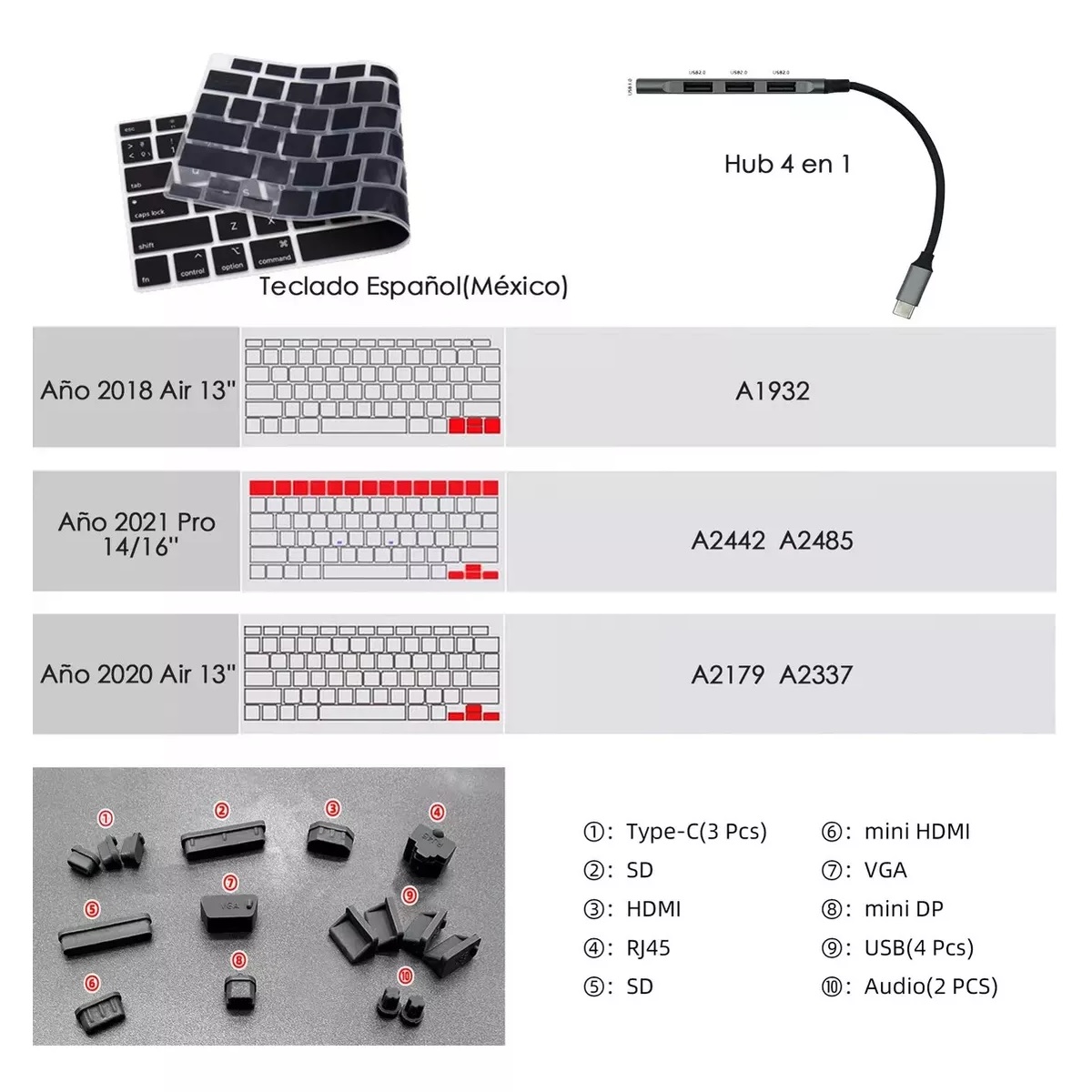 Funda Protectora Para Macbook  A1932-Mac Book Air 2018/2019 Cubre Teclado+usb Hub