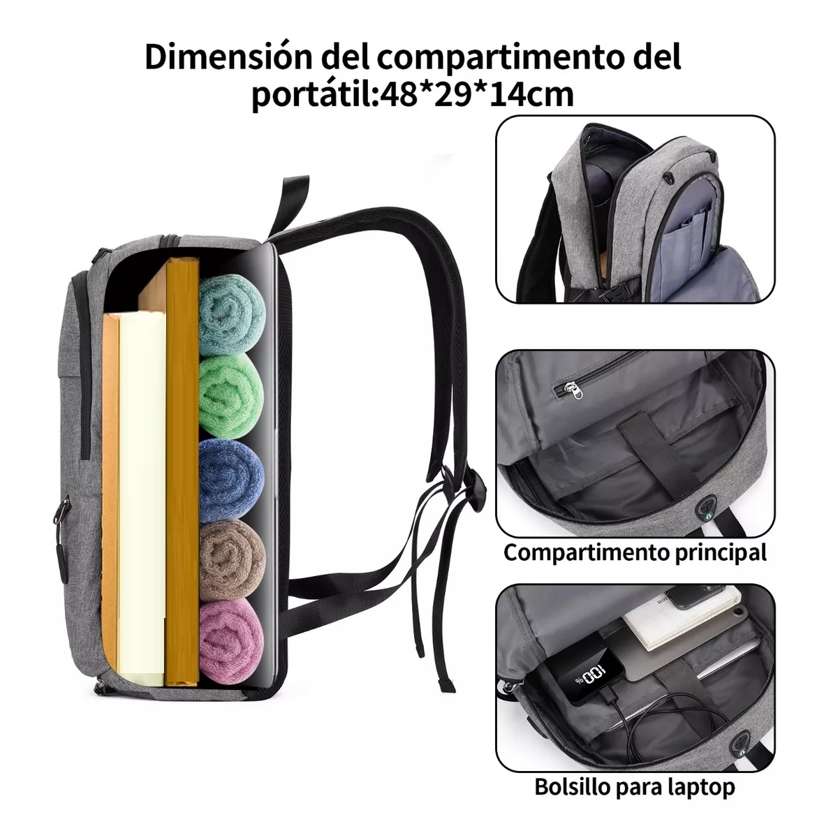 Mochila Deportiva Hombre Multifunción Baloncesto Para Laptop Carga Usb Gris