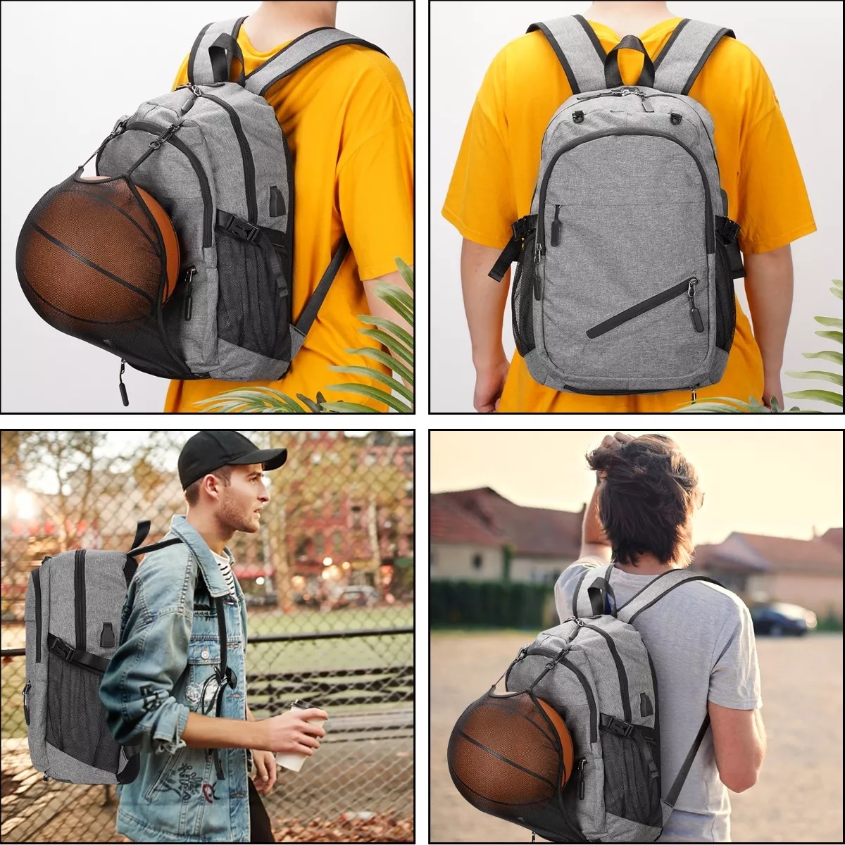Mochila Deportiva Hombre Multifunción Baloncesto Para Laptop Carga Usb Gris