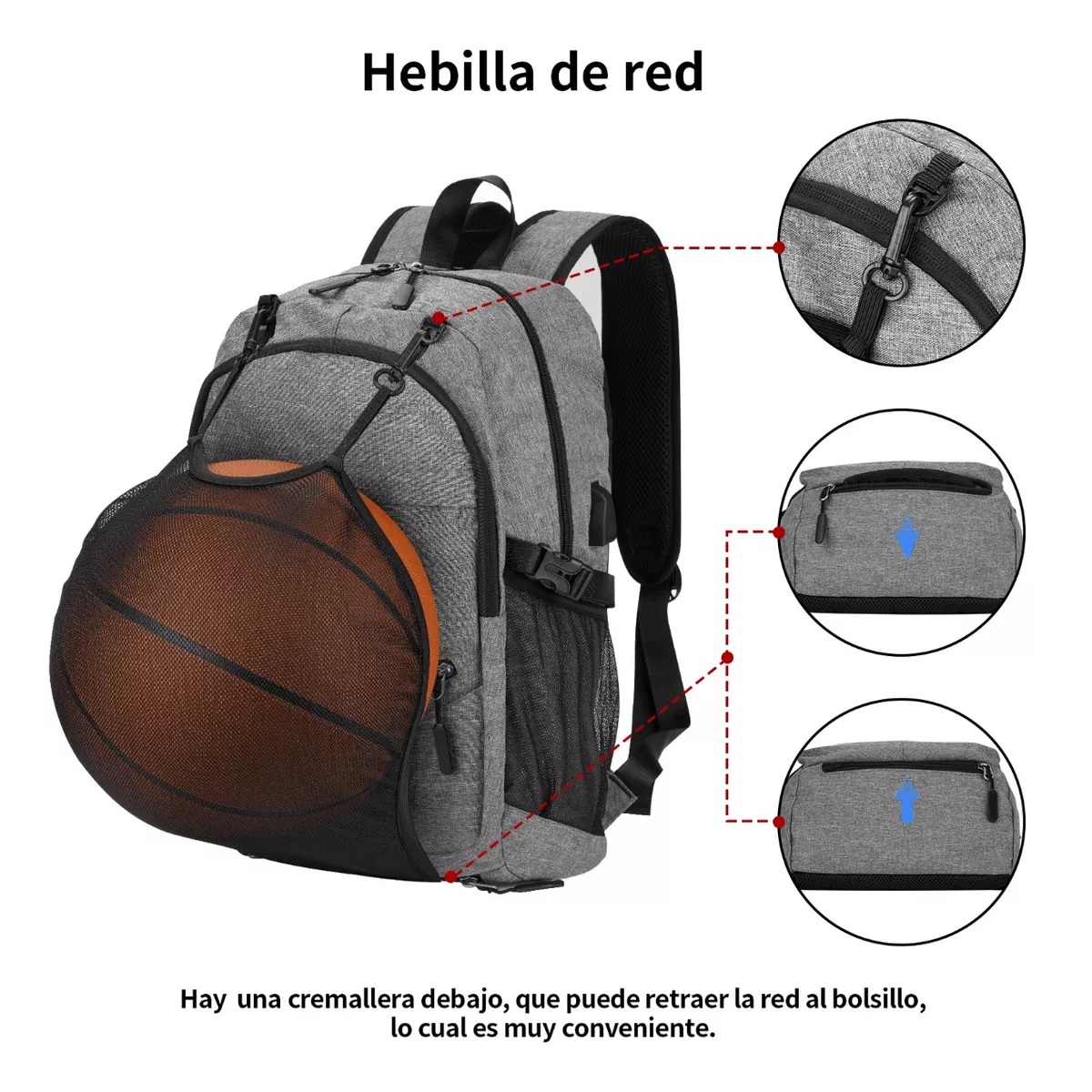 Mochila Deportiva Hombre Multifunción Baloncesto Para Laptop Carga Usb Gris