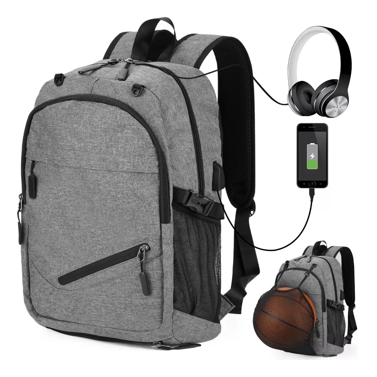Mochila Deportiva Hombre Multifunción Baloncesto Para Laptop Carga Usb Gris