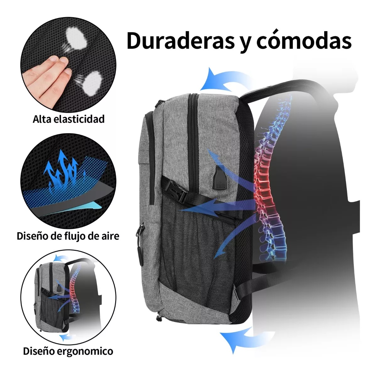 Mochila Deportiva Hombre Multifunción Baloncesto Para Laptop Carga Usb Gris