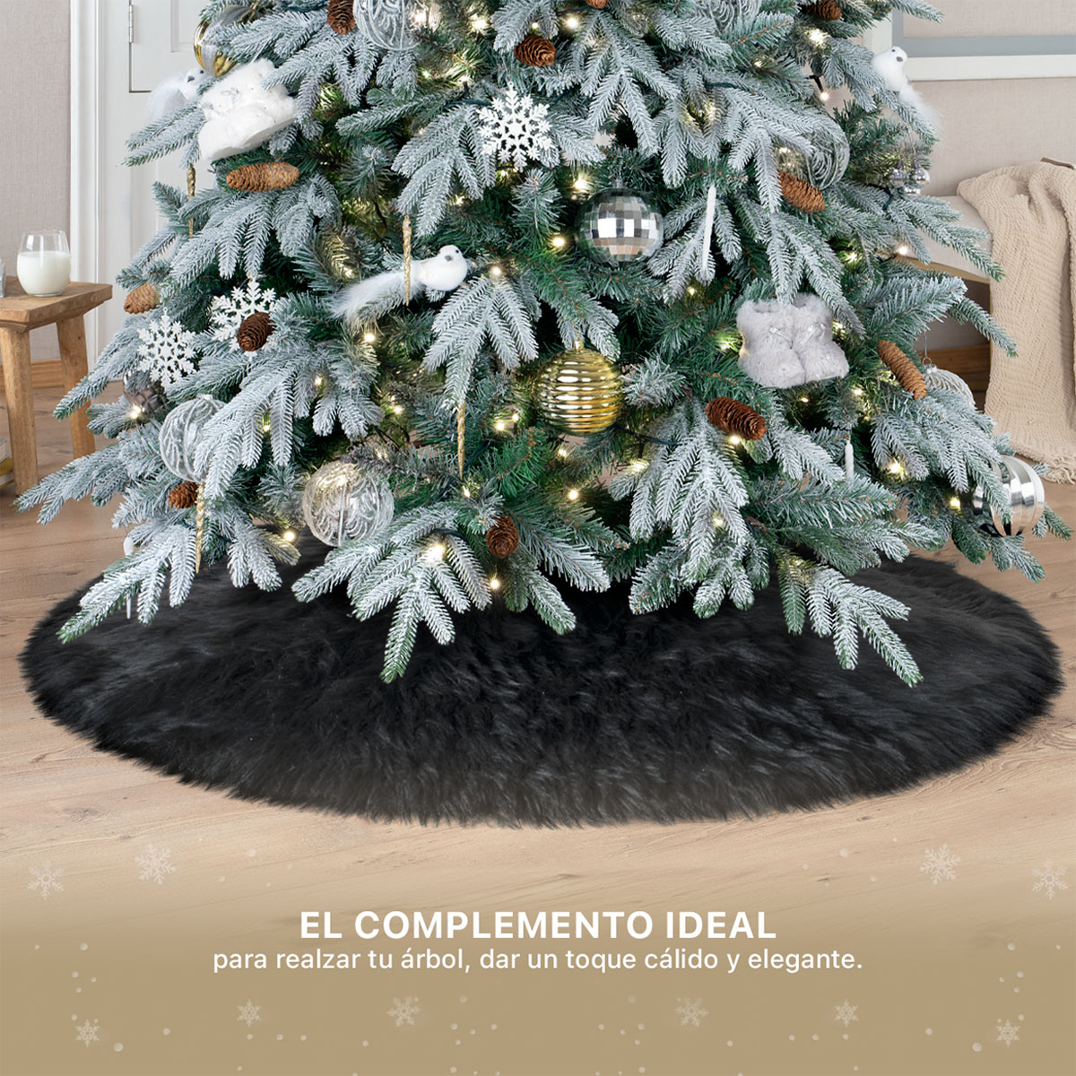Pie de Árbol de Navidad Afelpado Mediano Tapete para Pino Navideño Falda para Decoración Navideña Negro ESQUIMAL