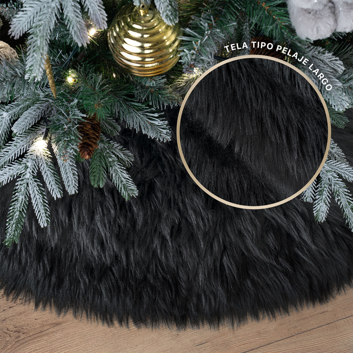 Pie de Árbol de Navidad Afelpado Mediano Tapete para Pino Navideño Falda para Decoración Navideña Negro ESQUIMAL