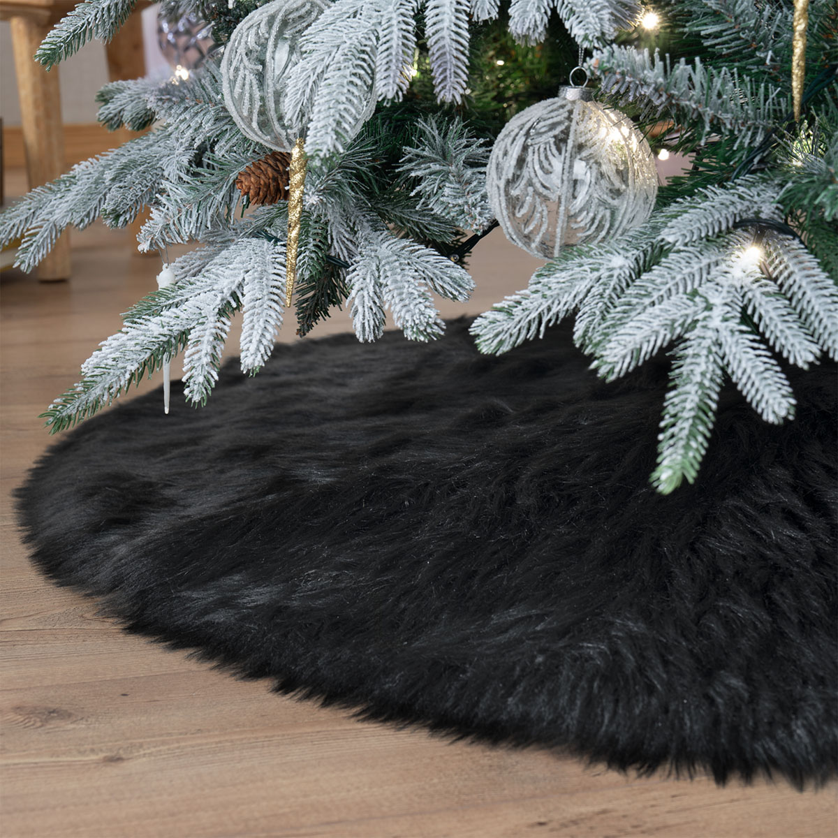 Pie de Árbol de Navidad Afelpado Mediano Tapete para Pino Navideño Falda para Decoración Navideña Negro ESQUIMAL