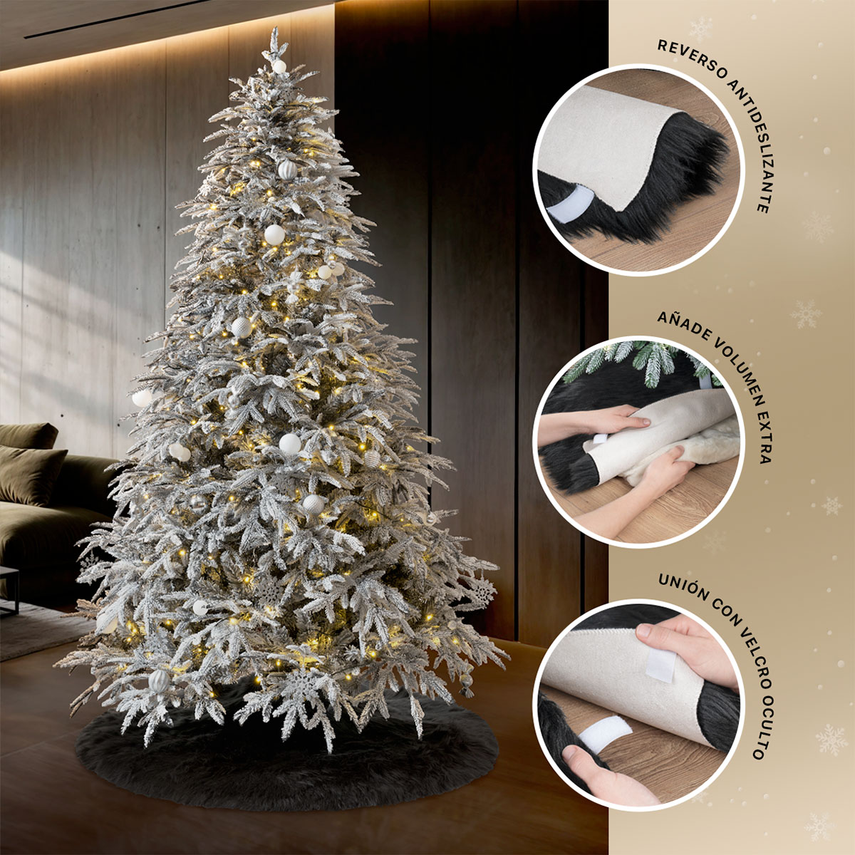Pie de Árbol de Navidad Afelpado Mediano Tapete para Pino Navideño Falda para Decoración Navideña Negro ESQUIMAL