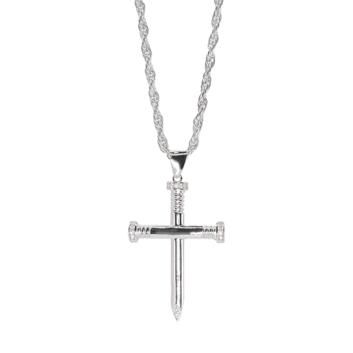 Cadena y cruz de hombre plata .925 con piedra zirconia y baño de rodio. Incluye certificado .