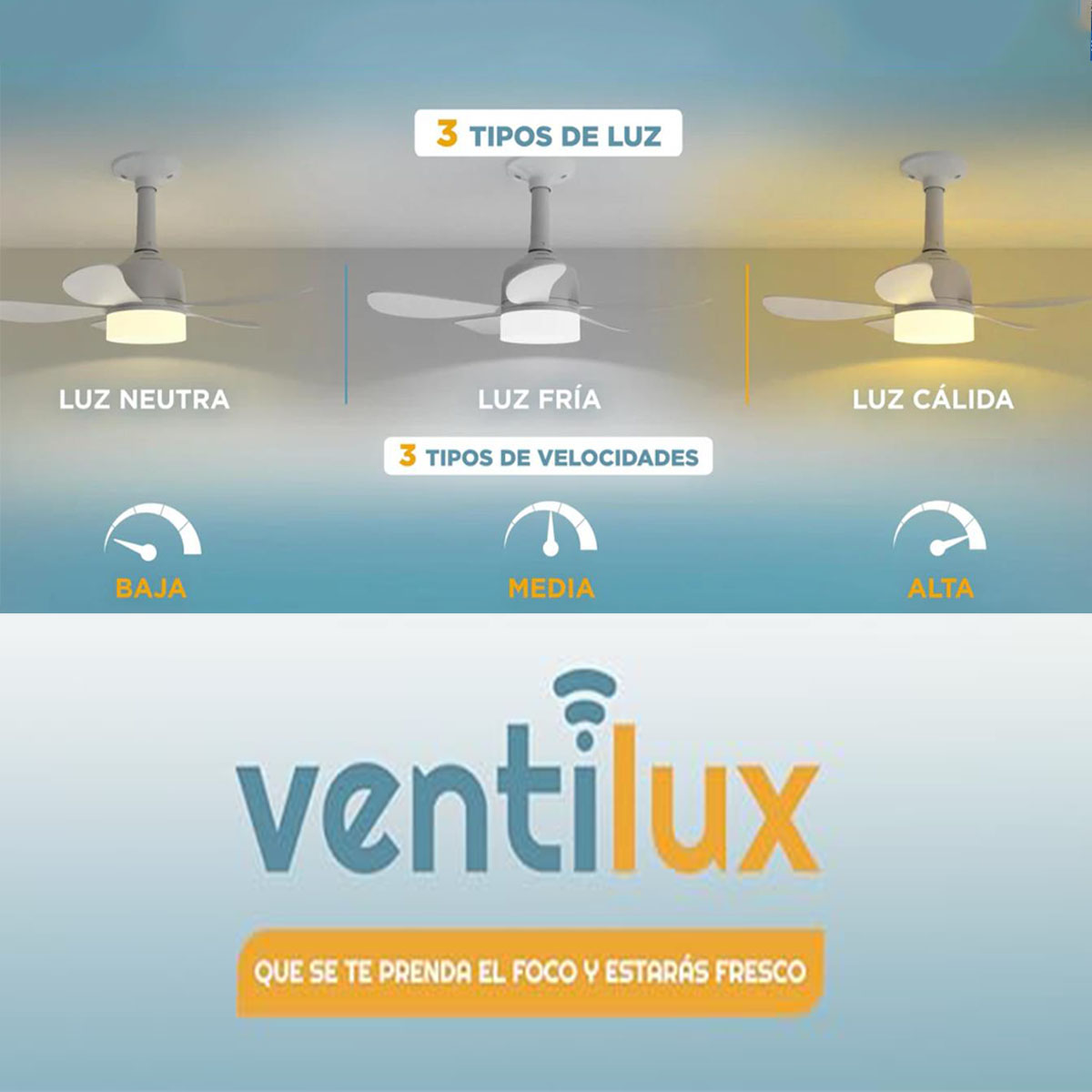 Ventilador lámpara de techo 5 aspas, 3 velocidades Ventilux con control remoto y extensión de socket 