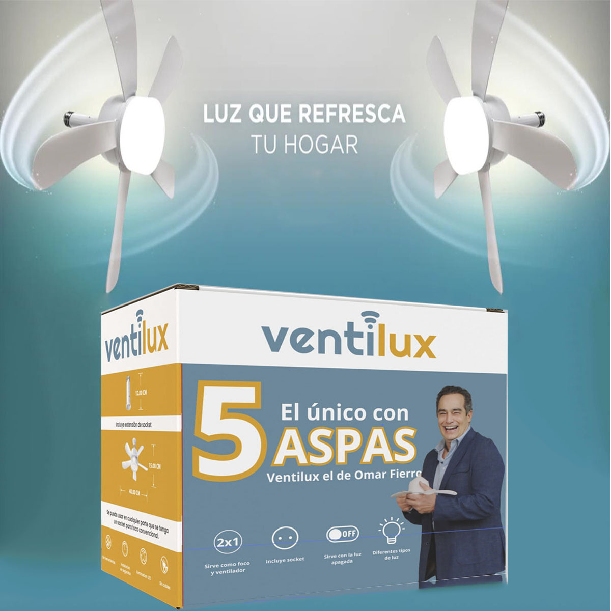 Ventilador lámpara de techo 5 aspas, 3 velocidades Ventilux con control remoto y extensión de socket 