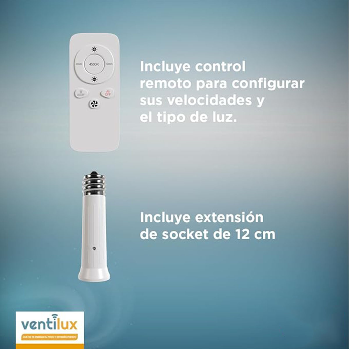 Ventilador lámpara de techo 5 aspas, 3 velocidades Ventilux con control remoto y extensión de socket 