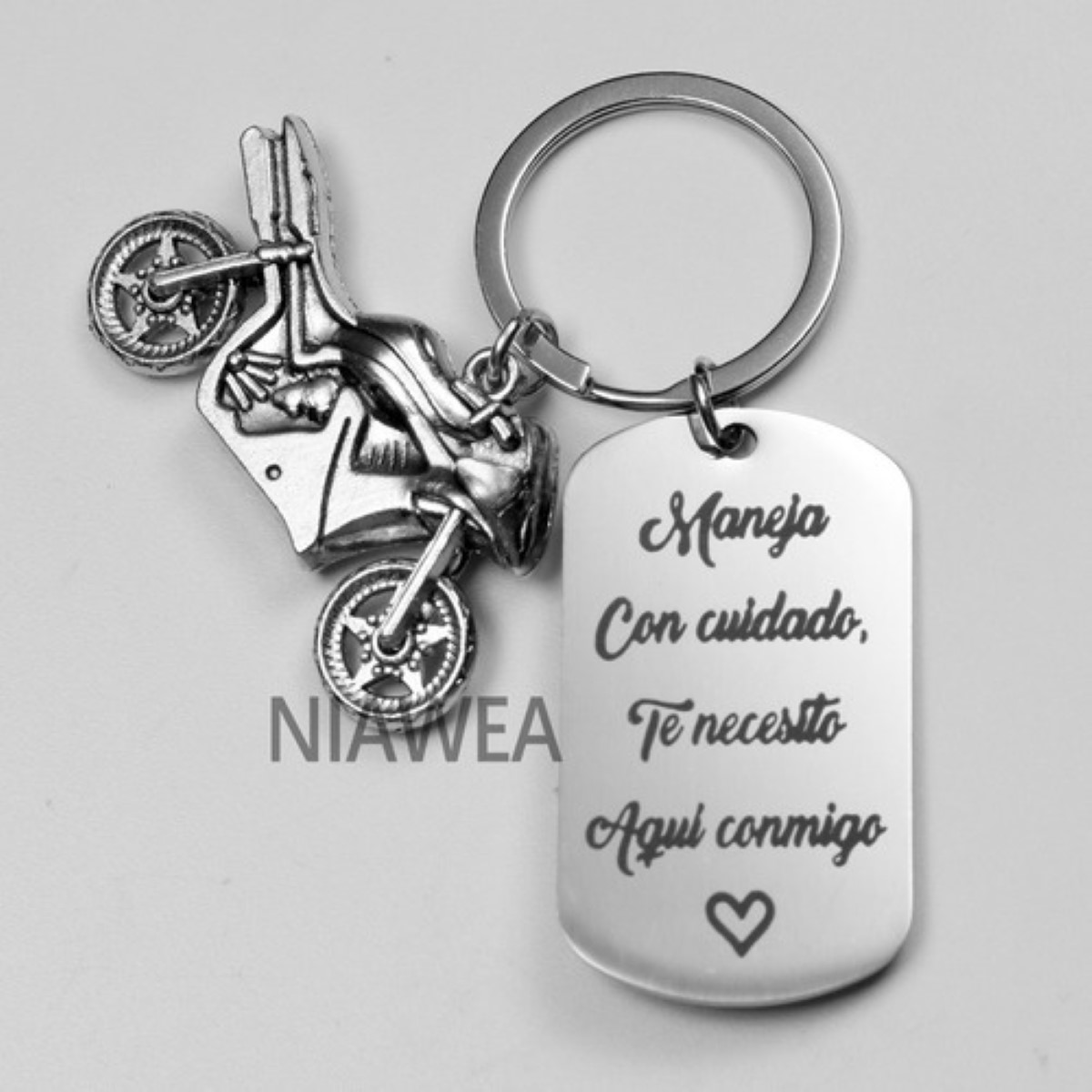 Llavero De Moda Acero Inoxidable Con Moto Maneja Con Cuidado PLATA