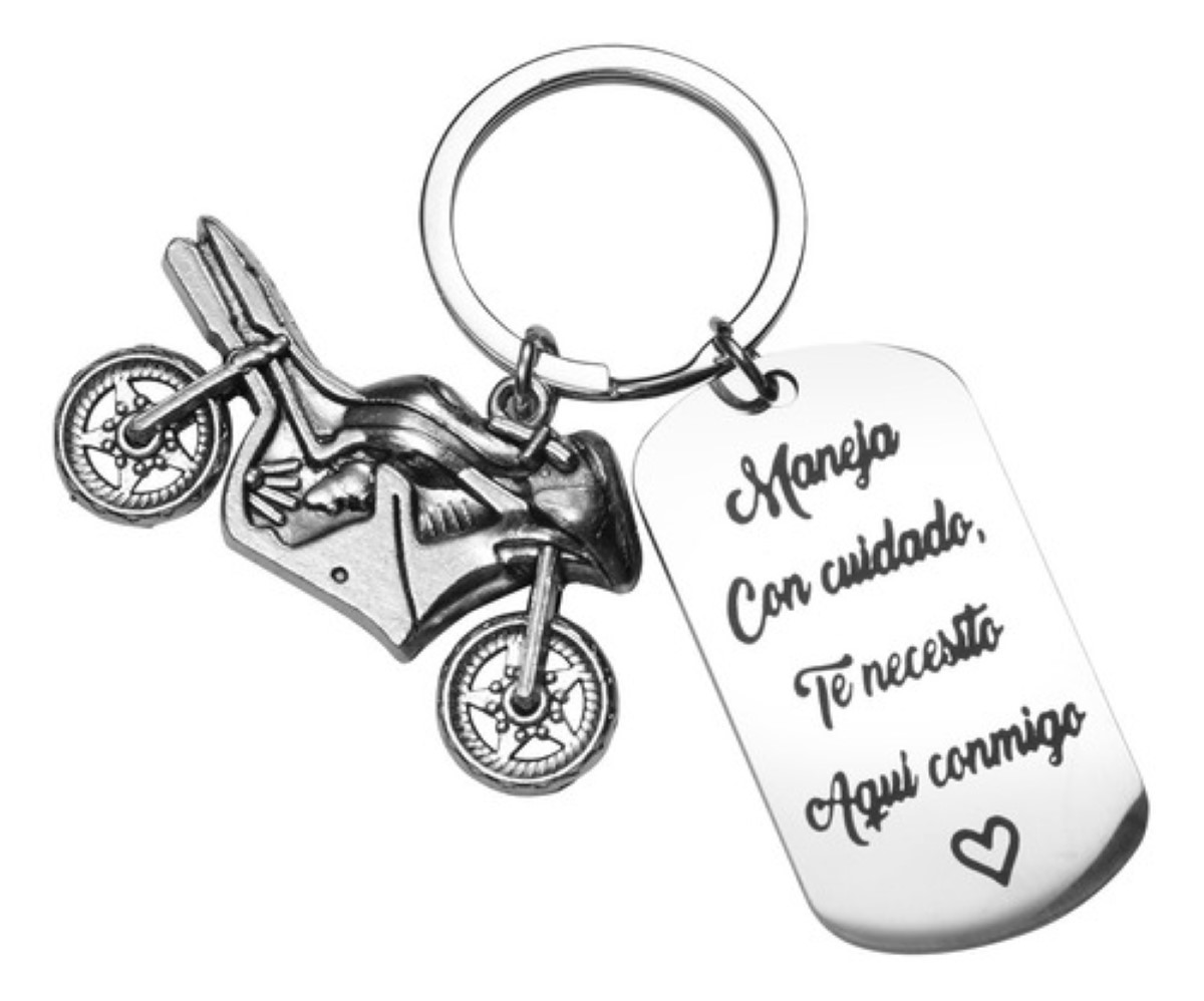 Llavero De Moda Acero Inoxidable Con Moto Maneja Con Cuidado PLATA