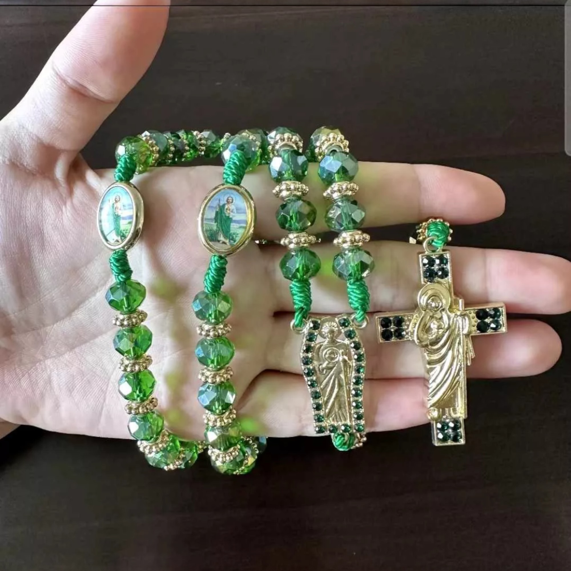 Rosario San Judas Tadeo, Piedra Verde Cristal, Collar Judas