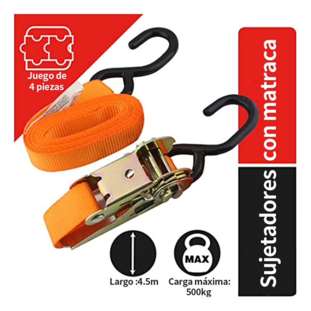 4pzs Sujetadores C/matraca 4.5m, Carga Máx 650kg Auto/moto amarillo