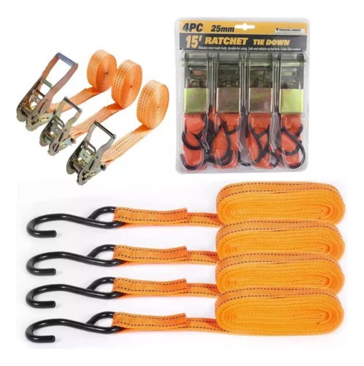 4pzs Sujetadores C/matraca 4.5m, Carga Máx 650kg Auto/moto amarillo