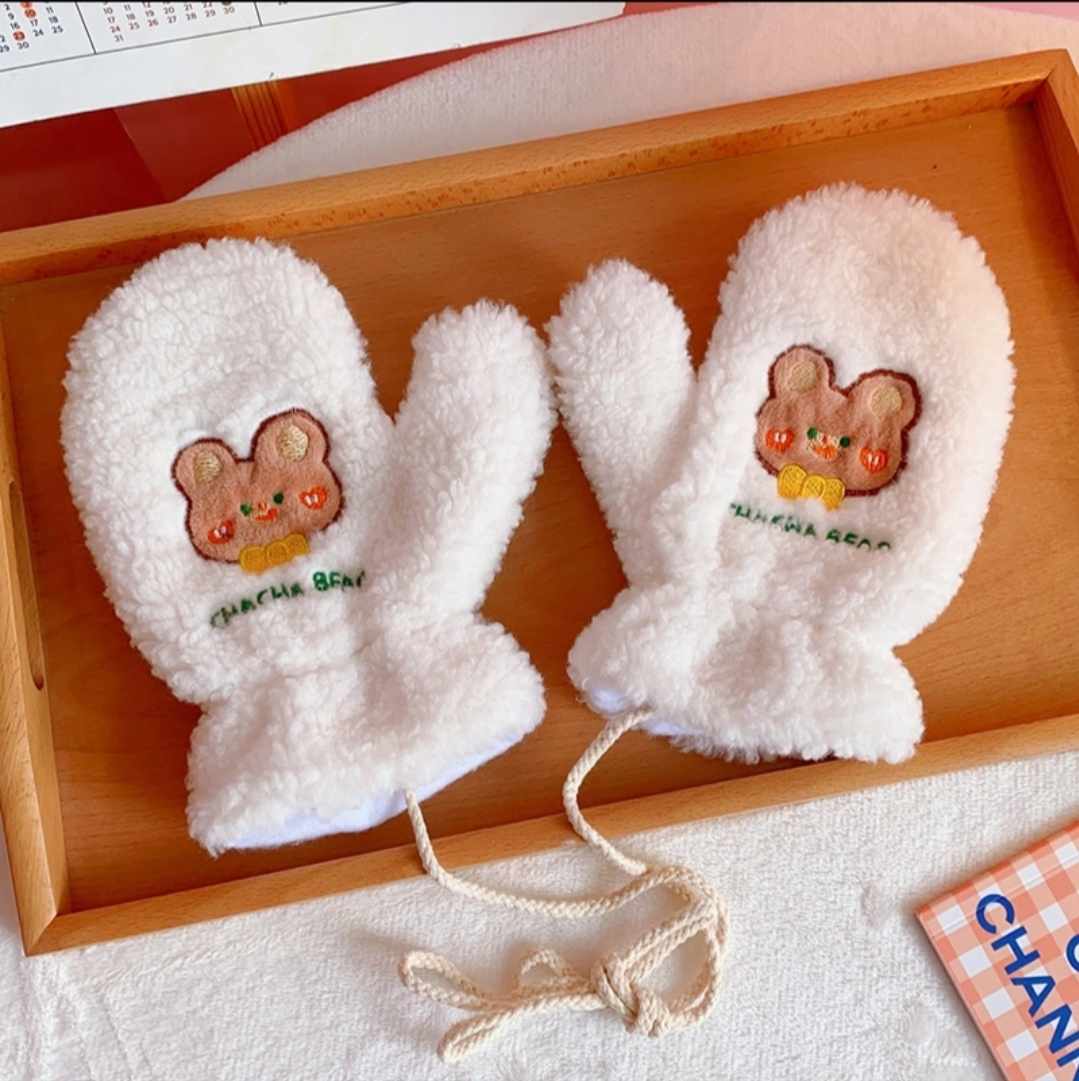 Guantes de felpa kawaii, manoplas de invierno calientitas, oso beige,para mujer