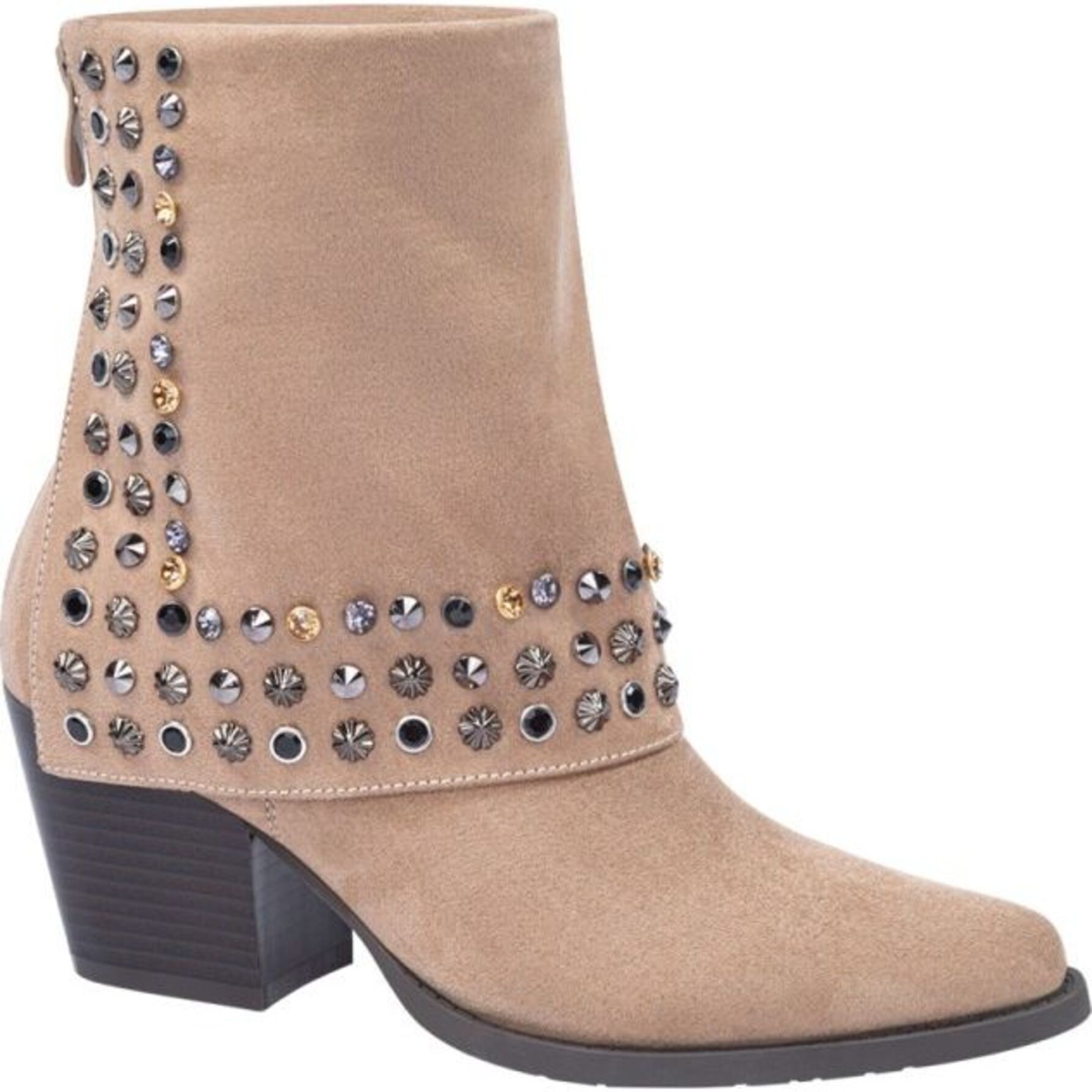 Bota para mujer, tipo polaina, con estoperoles, puntal, acabado ante, marca Belinda Peregrin 1143025