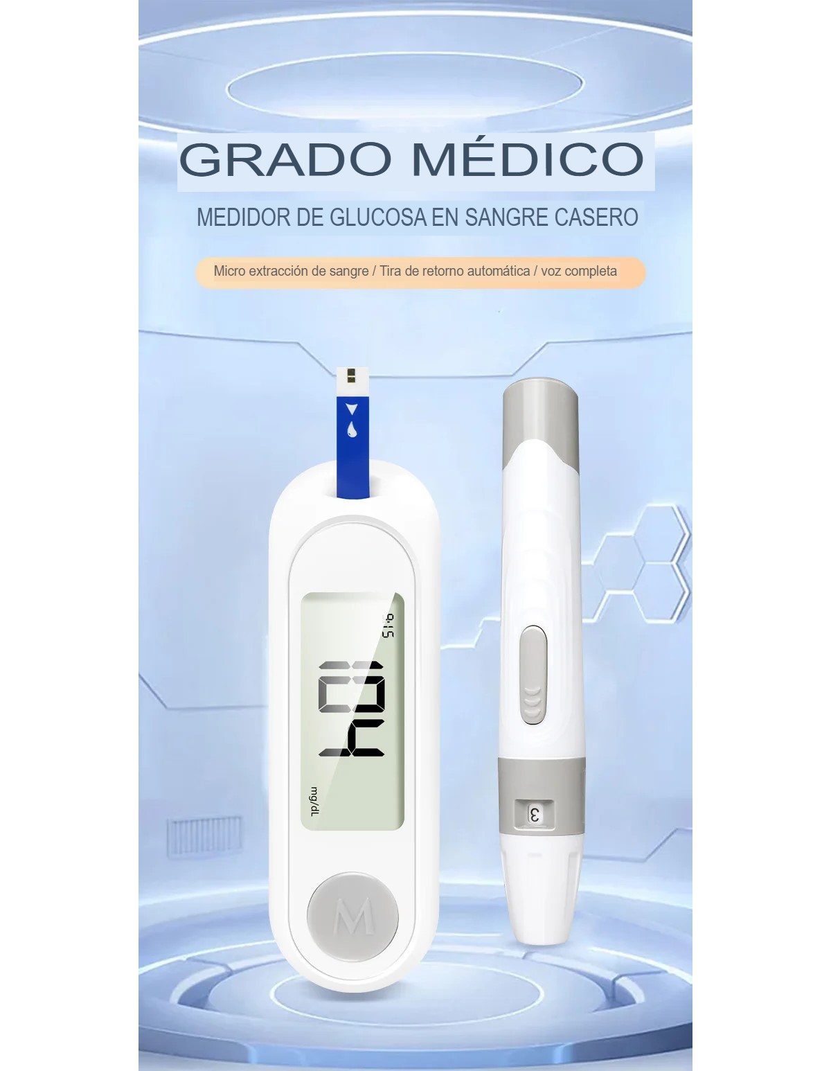 Medidor prueba azúcar 50 tiras reactivas rápidos digital casero profesional batería negro memoria glucosa 