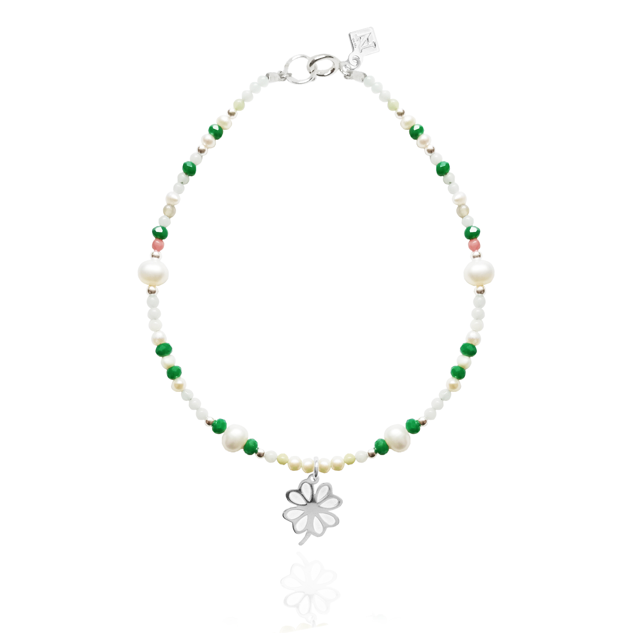 Pulsera de la Suerte Charm Trébol de Plata con Piedras Naturales y Perla Cultivada por Anante Joyería