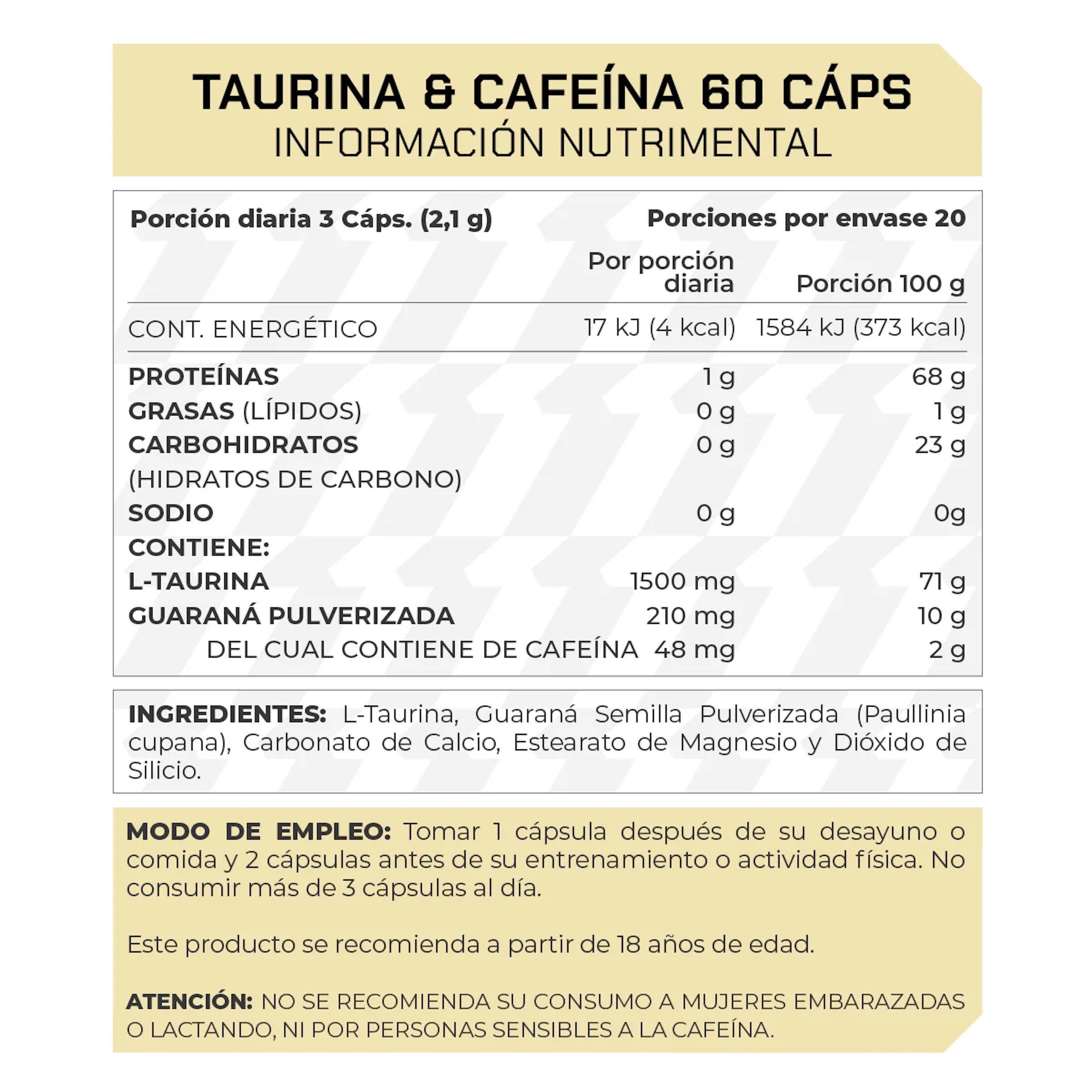 Taurina Cafeína 60 cápsulas Prowinner Guaraná 