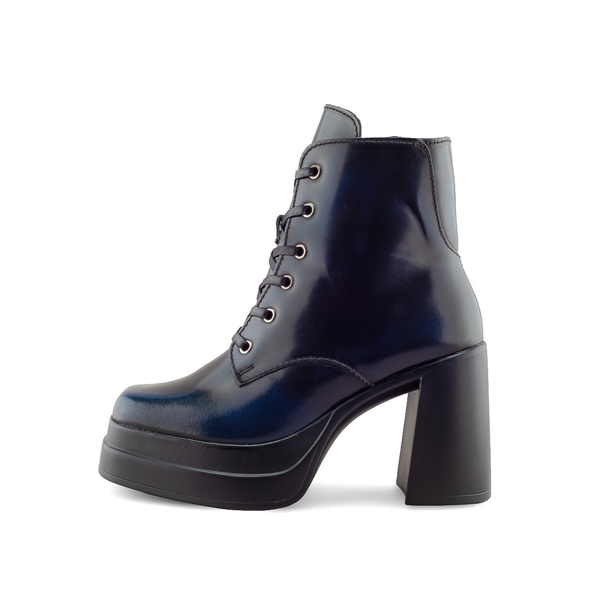 Bota Azul Marino de Piel con Tacón Alto y Plataforma Para Mujer