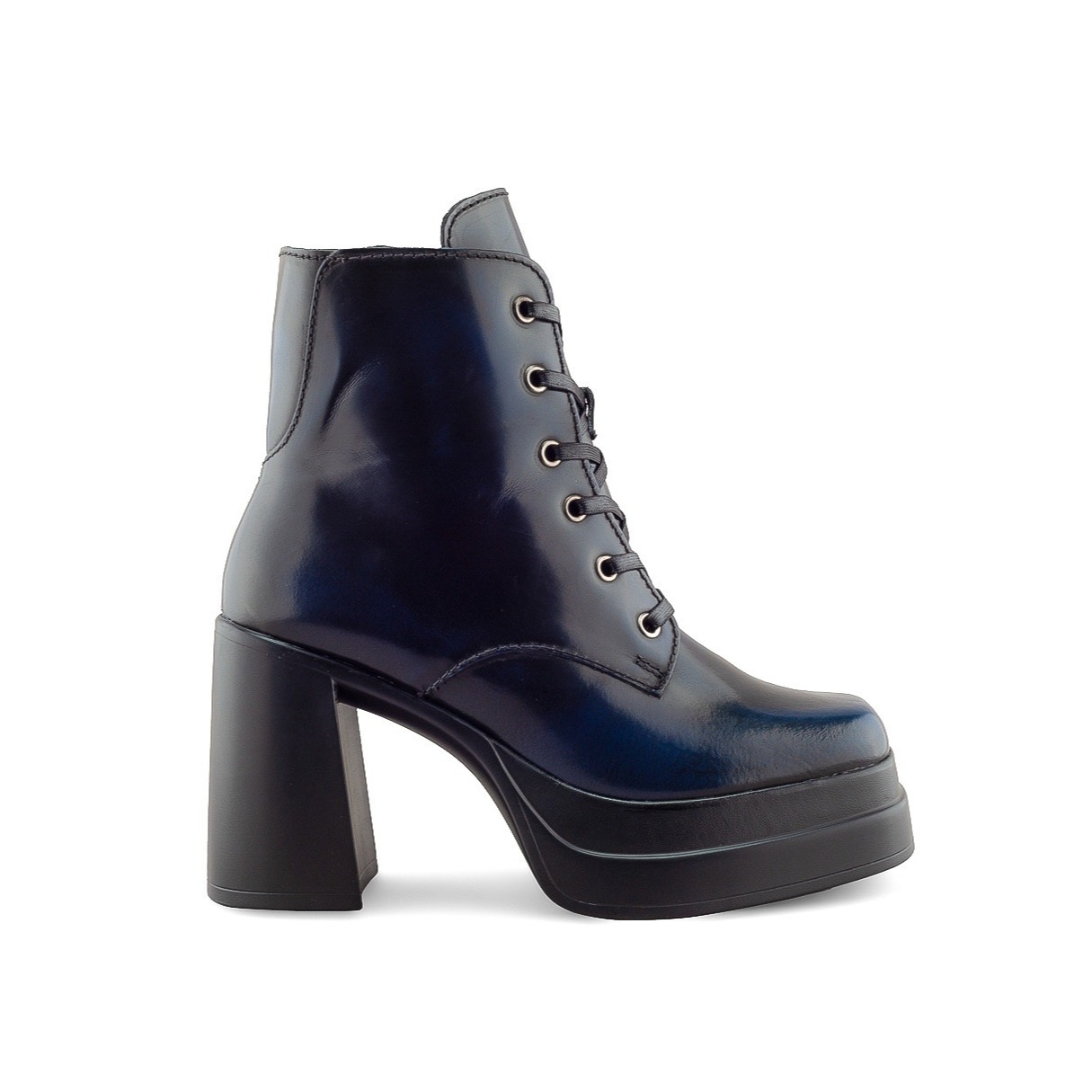 Bota Azul Marino de Piel con Tacón Alto y Plataforma Para Mujer