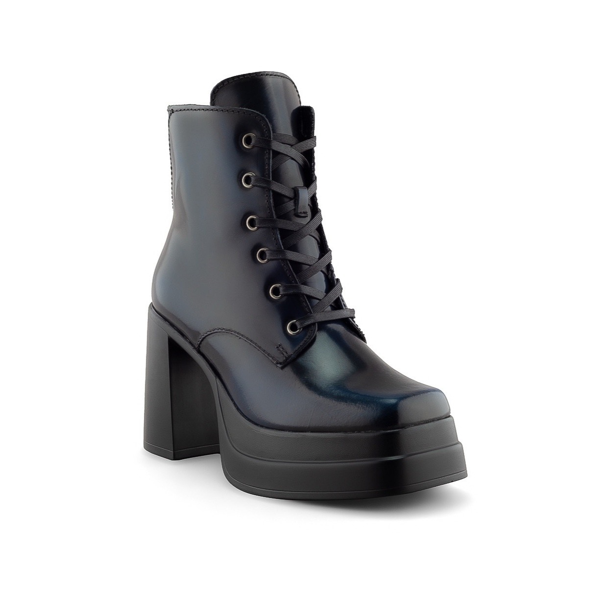 Bota Azul Marino de Piel con Tacón Alto y Plataforma Para Mujer