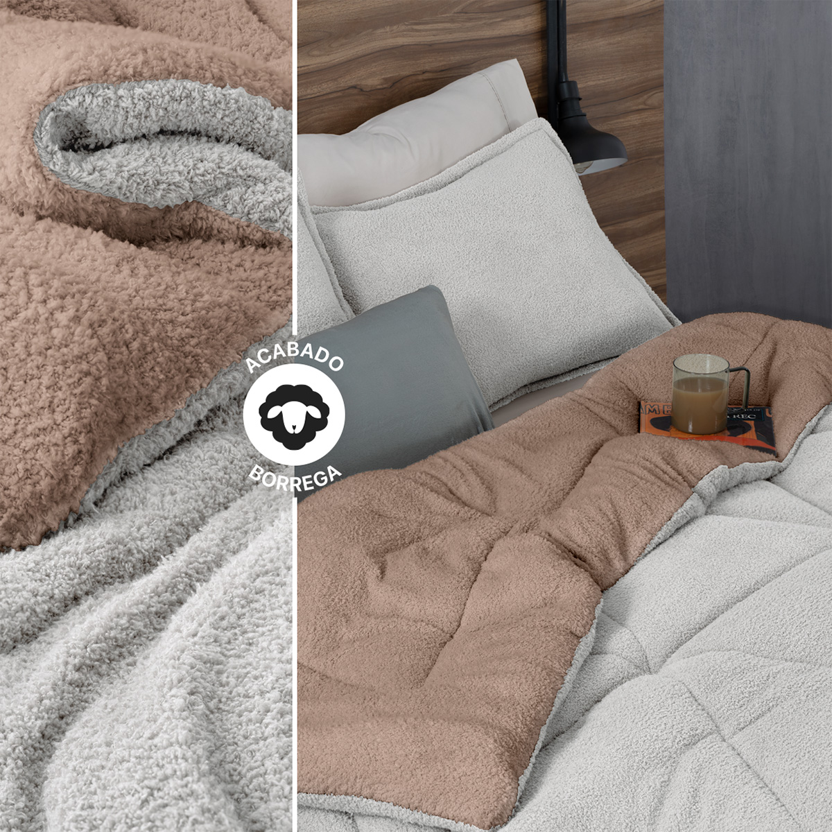 Cobertor Aborregado Edredón Afelpado Invernal King size + Fundas – Gris Claro / Café REAL TEXTIL