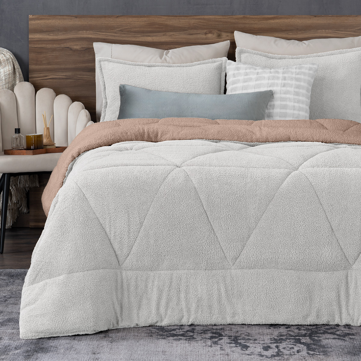 Cobertor Aborregado Edredón Afelpado Invernal King size + Fundas – Gris Claro / Café REAL TEXTIL