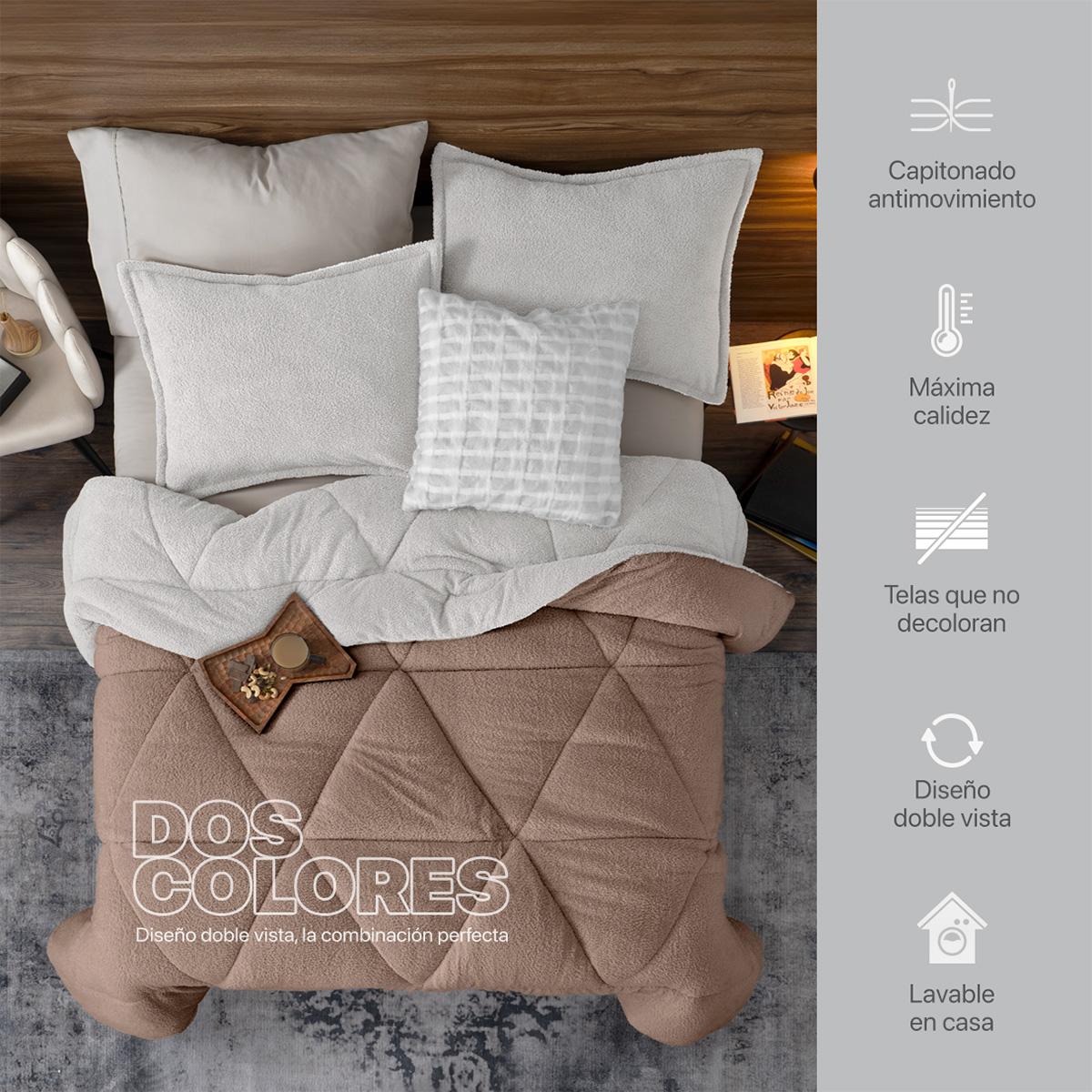 Cobertor Aborregado Edredón Afelpado Invernal King size + Fundas – Gris Claro / Café REAL TEXTIL