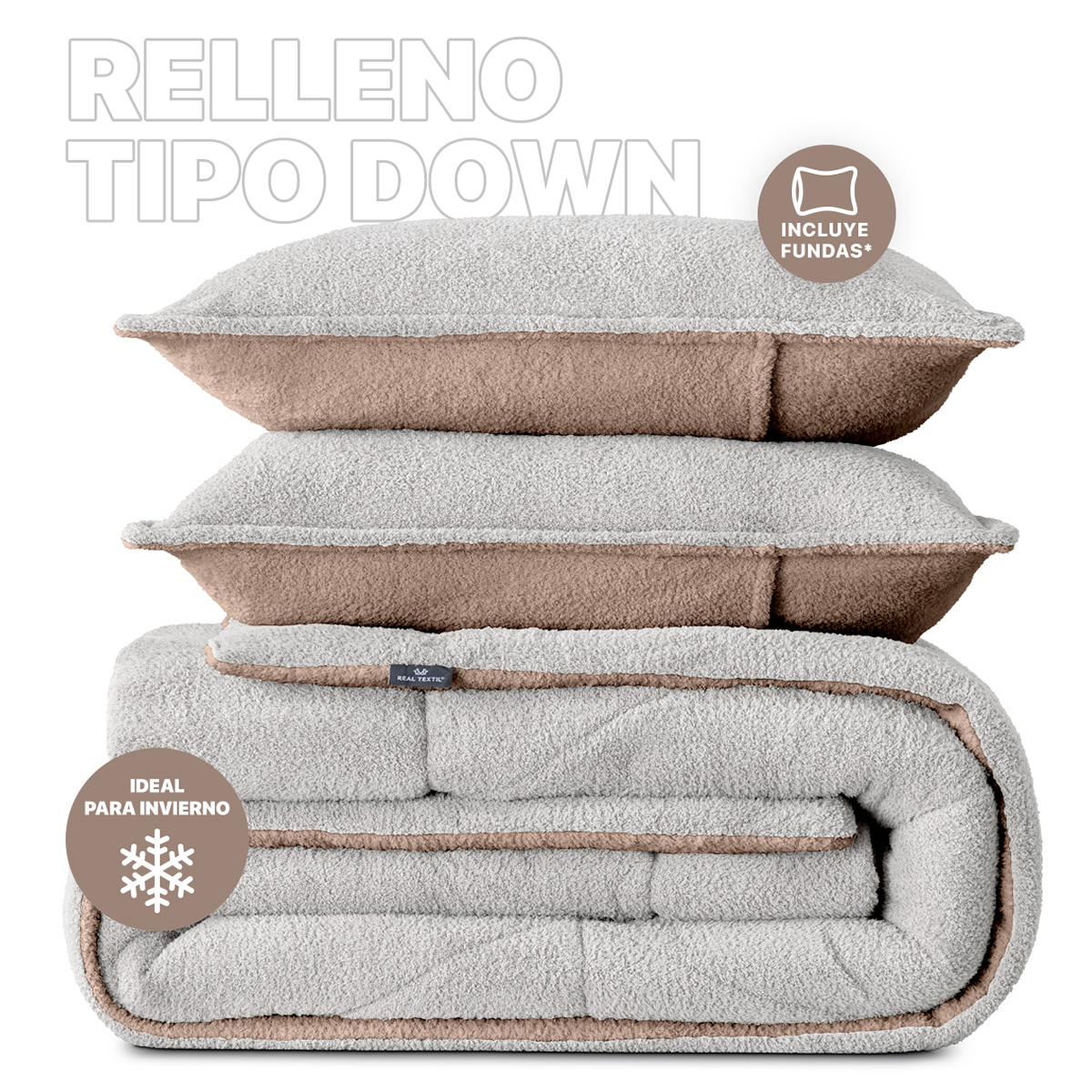 Cobertor Aborregado Edredón Afelpado Invernal King size + Fundas – Gris Claro / Café REAL TEXTIL