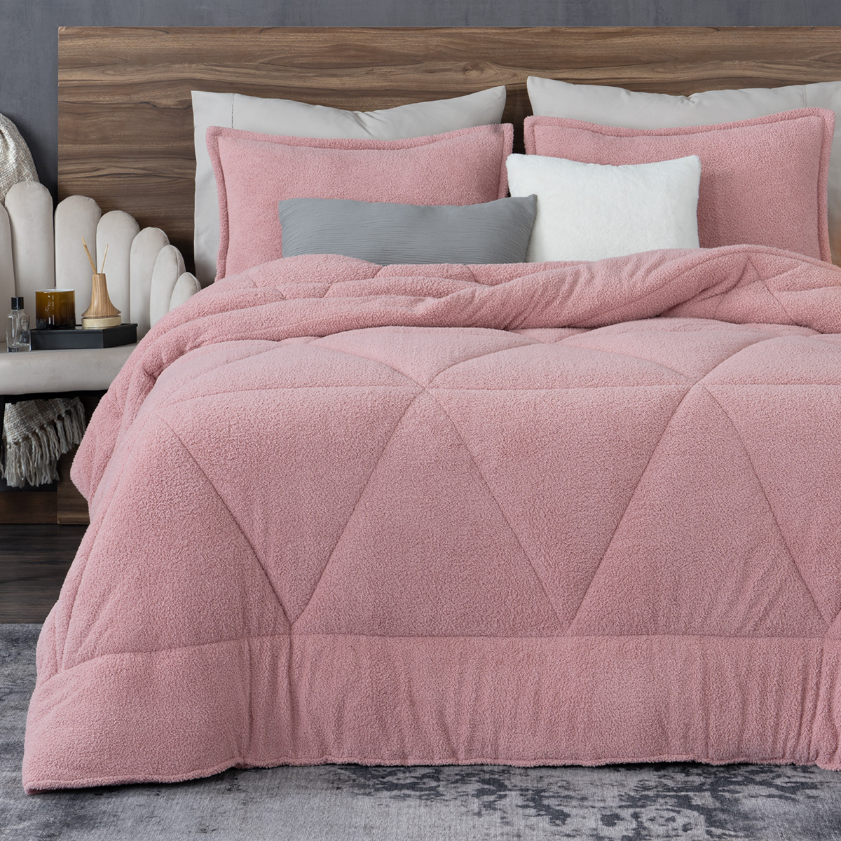 Cobertor Aborregado Edredón Afelpado Invernal King size + Fundas – Rosa REAL TEXTIL