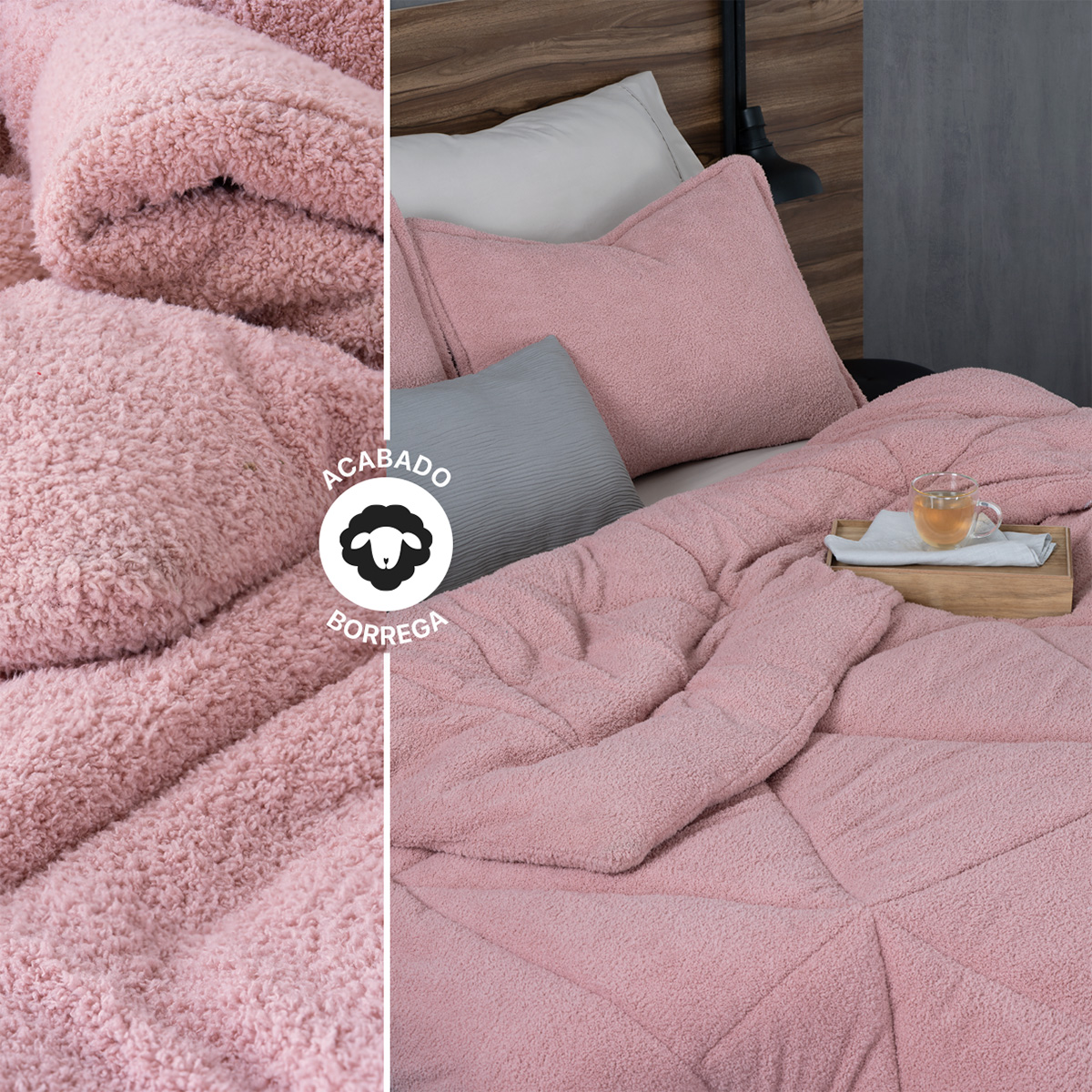 Cobertor Aborregado Edredón Afelpado Invernal King size + Fundas – Rosa REAL TEXTIL