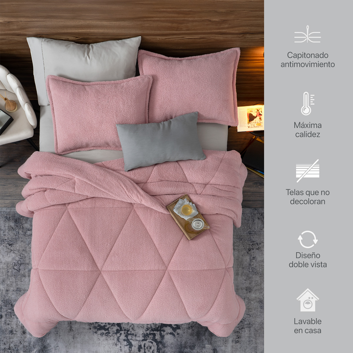 Cobertor Aborregado Edredón Afelpado Invernal King size + Fundas – Rosa REAL TEXTIL