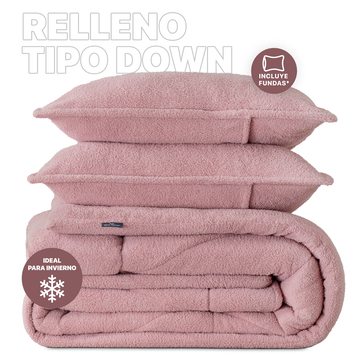 Cobertor Aborregado Edredón Afelpado Invernal King size + Fundas – Rosa REAL TEXTIL