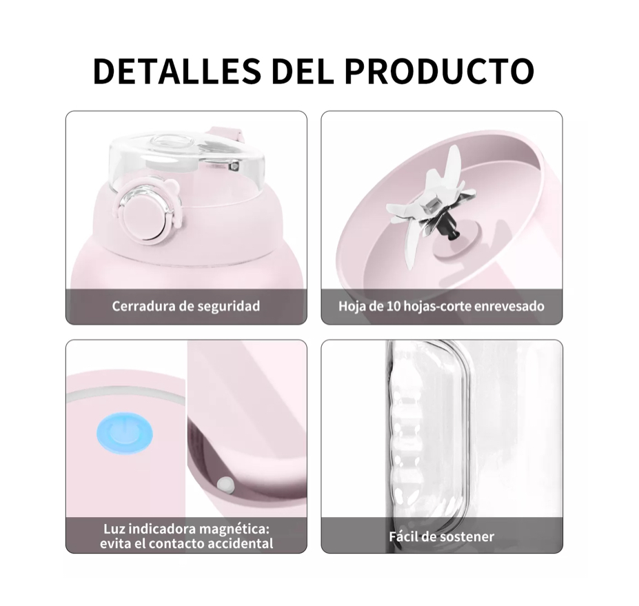 Licuadora Portátil Mini Recargable Extractor Jugos 1.2l Rosa