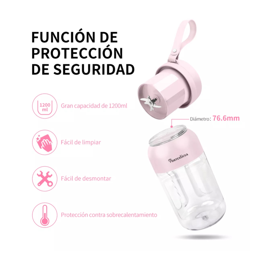 Licuadora Portátil Mini Recargable Extractor Jugos 1.2l Rosa