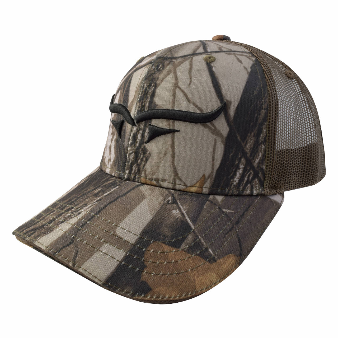 Gorra con malla y ajustador, diseño de "cuernos", café camuflaje