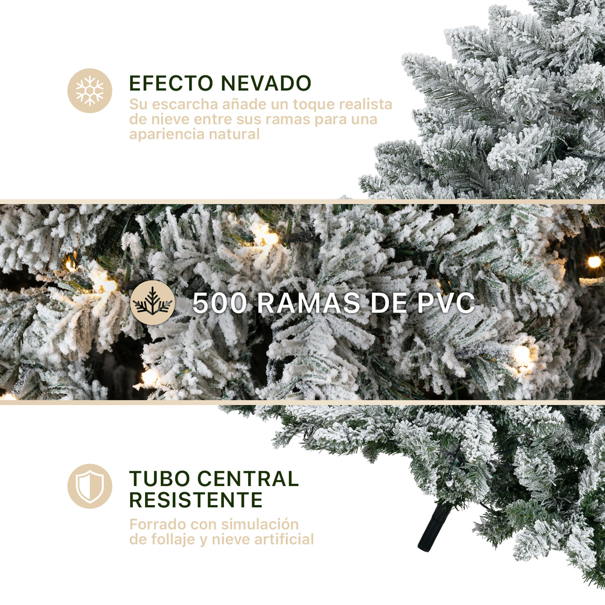 Árbol de Navidad Nevado con Luz LED 1.5m Pino Navideño 500 Ramas Preiluminado - Verde para ESQUIMAL.