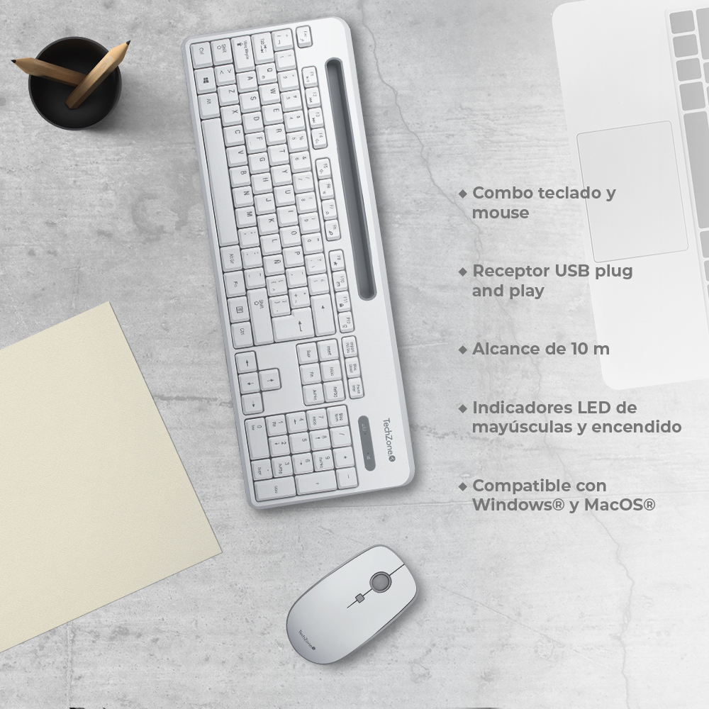 Kit Teclado Y Mouse Techzone Inalámbrico Soporte De Móvil Blanco