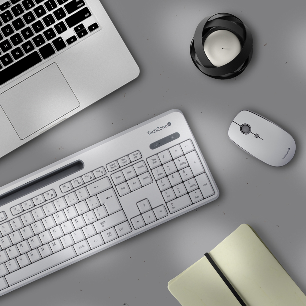 Kit Teclado Y Mouse Techzone Inalámbrico Soporte De Móvil Blanco