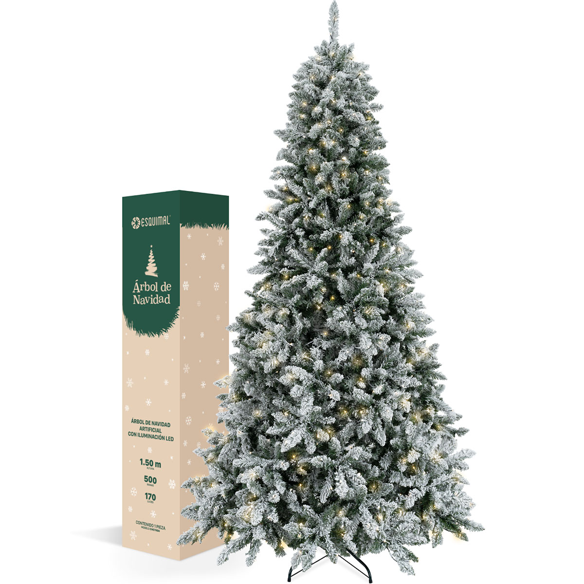 Árbol de Navidad Nevado con Luz LED 1.5m Pino Navideño 500 Ramas Preiluminado - Verde para ESQUIMAL.