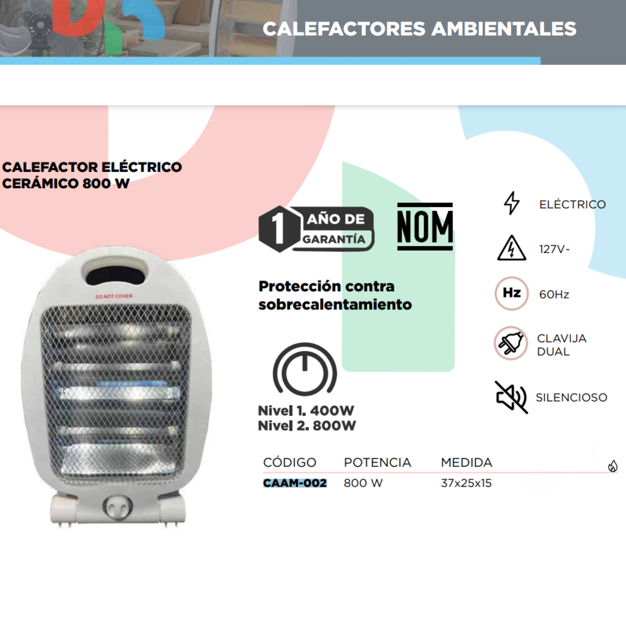 Calefactor Eléctrico Cerámico, 800W, con Protección de calentamiento 127V, Ideal para el Hogar