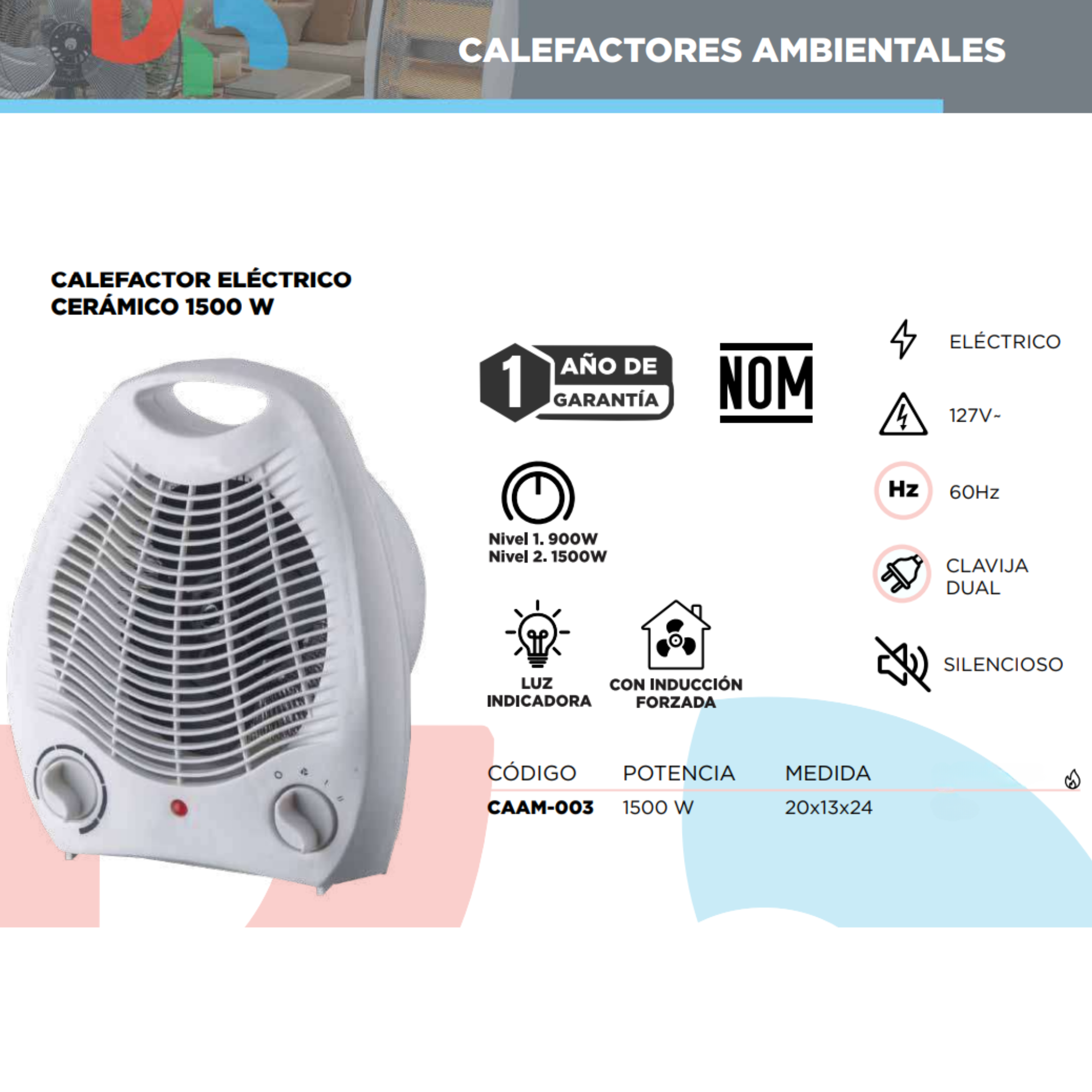 Calefactor Eléctrico Cerámico 1500W, Inducción Forzada, Silencioso