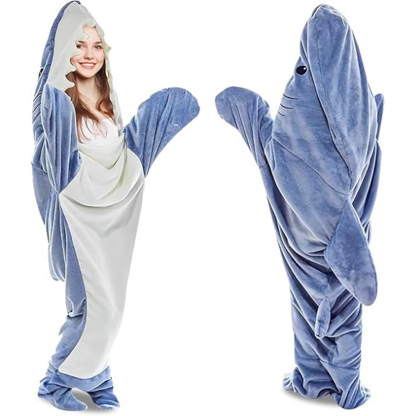 Manta de Tiburón con Capucha Talla M (155cm), Acogedora Manta de Franela de Tiburón de una Pieza,Saco Dormir Cálido, Cobija para Fiestas, Viajes Camping, Regalos Cosplay