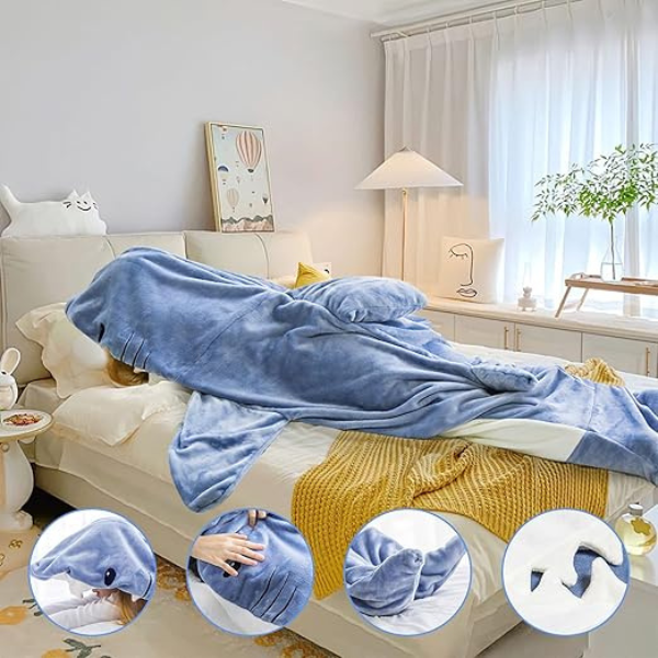 Manta de Tiburón con Capucha Talla M (155cm), Acogedora Manta de Franela de Tiburón de una Pieza,Saco Dormir Cálido, Cobija para Fiestas, Viajes Camping, Regalos Cosplay