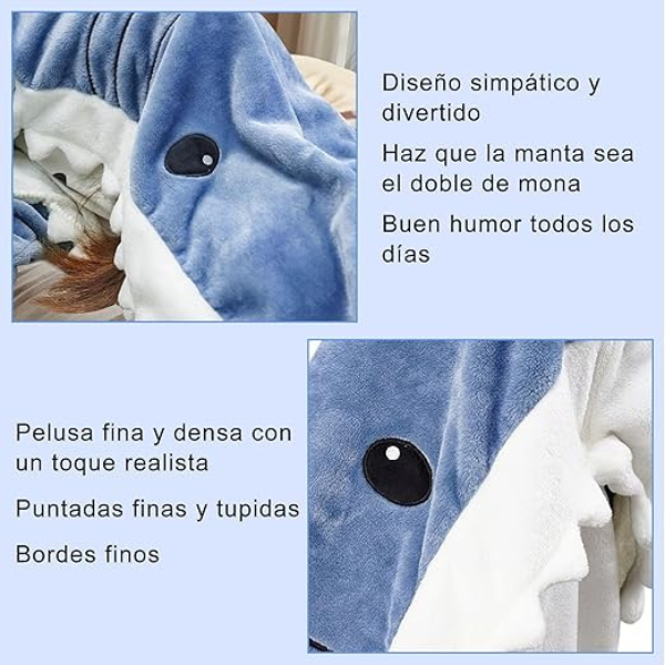 Manta de Tiburón con Capucha Talla M (155cm), Acogedora Manta de Franela de Tiburón de una Pieza,Saco Dormir Cálido, Cobija para Fiestas, Viajes Camping, Regalos Cosplay