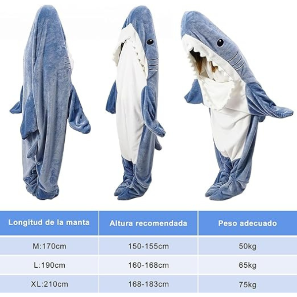Manta de Tiburón con Capucha Talla M (155cm), Acogedora Manta de Franela de Tiburón de una Pieza,Saco Dormir Cálido, Cobija para Fiestas, Viajes Camping, Regalos Cosplay