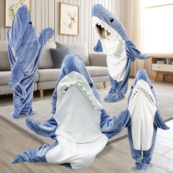 Manta de Tiburón con Capucha Talla M (155cm), Acogedora Manta de Franela de Tiburón de una Pieza,Saco Dormir Cálido, Cobija para Fiestas, Viajes Camping, Regalos Cosplay