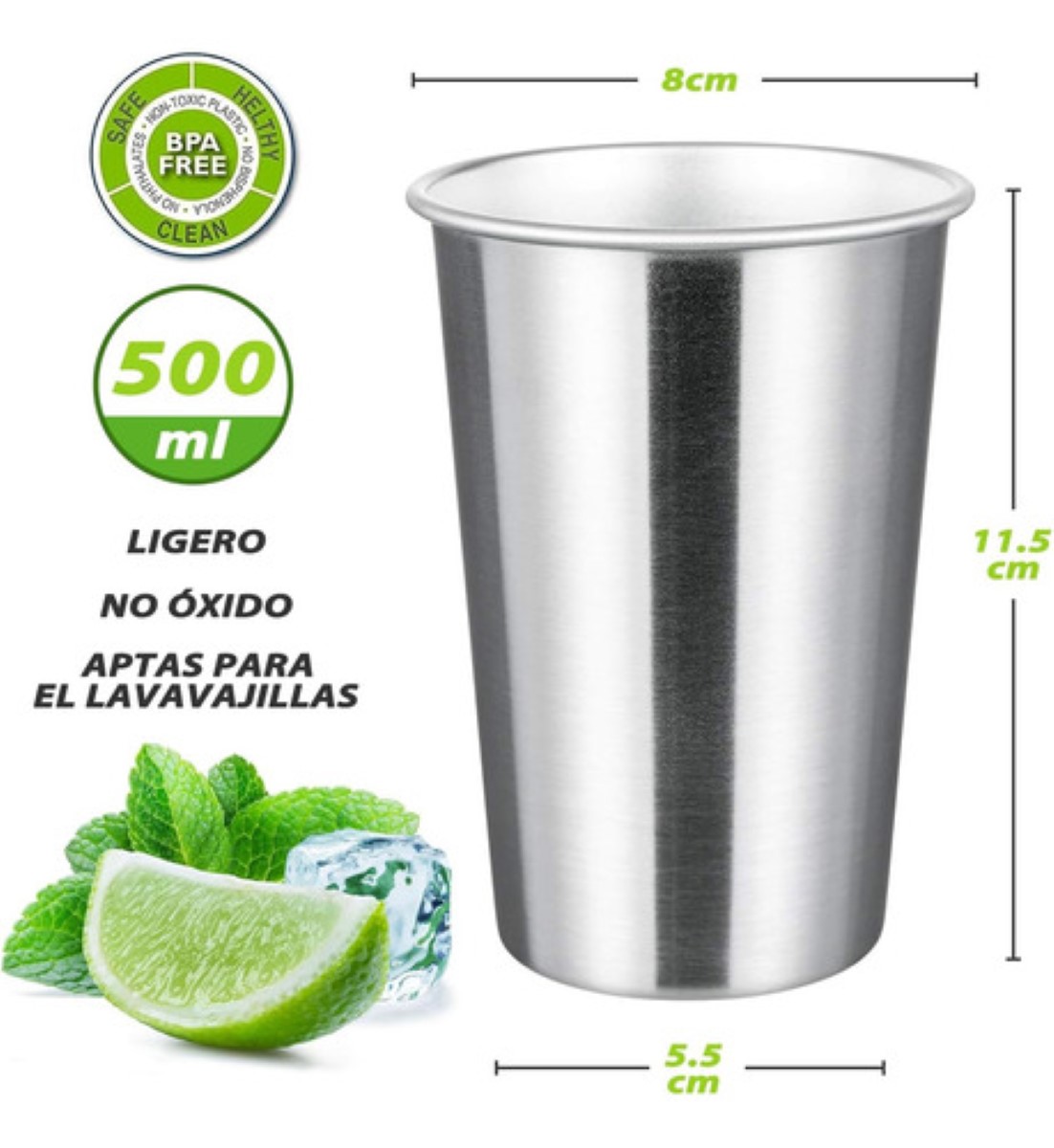 6 Pzs Vasos Acero Inoxidable 500ml Para Cerveza. plata